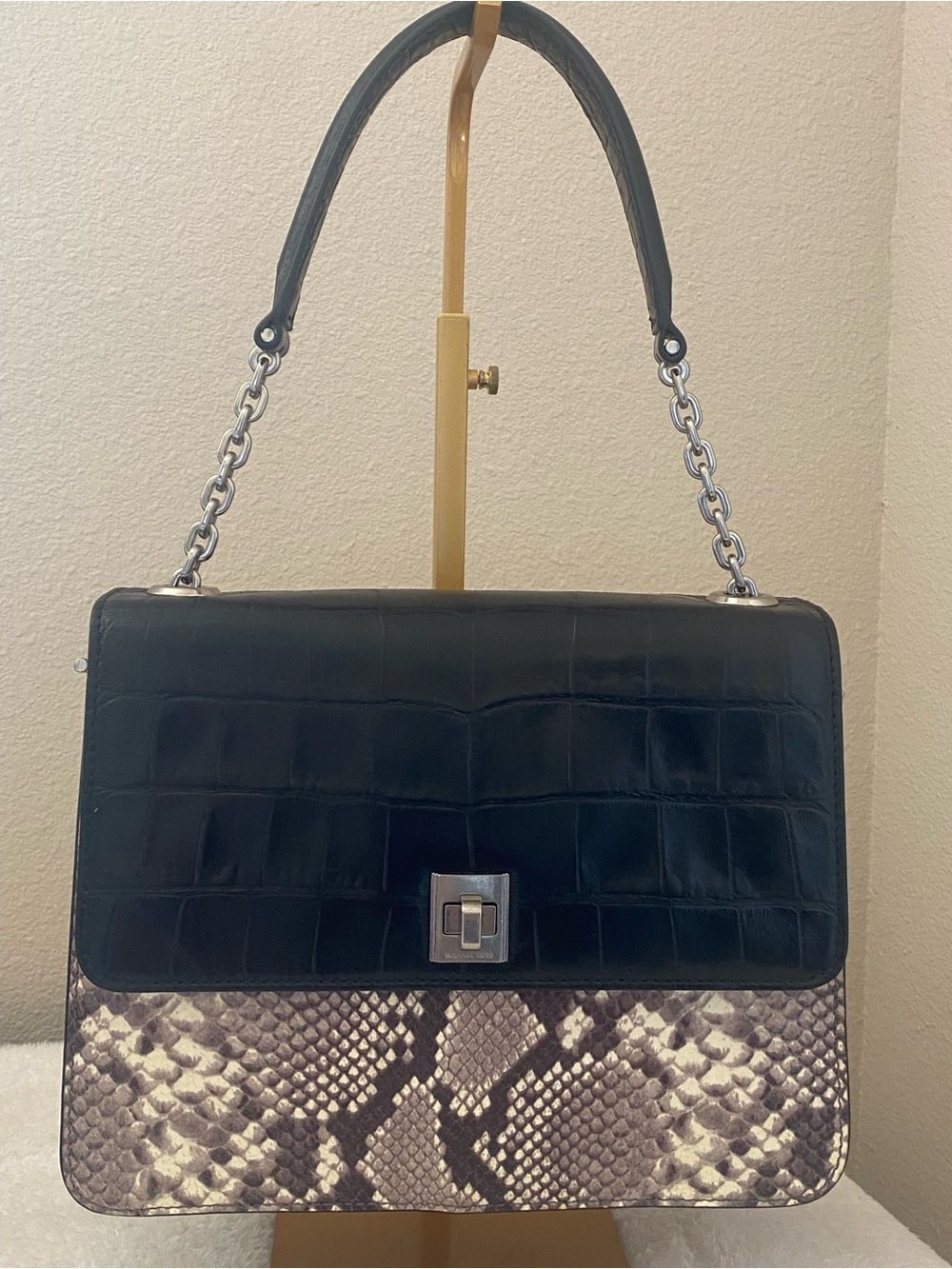 Michael Kors Black Croc-Embossed and Snake-Print Shoulder Bag